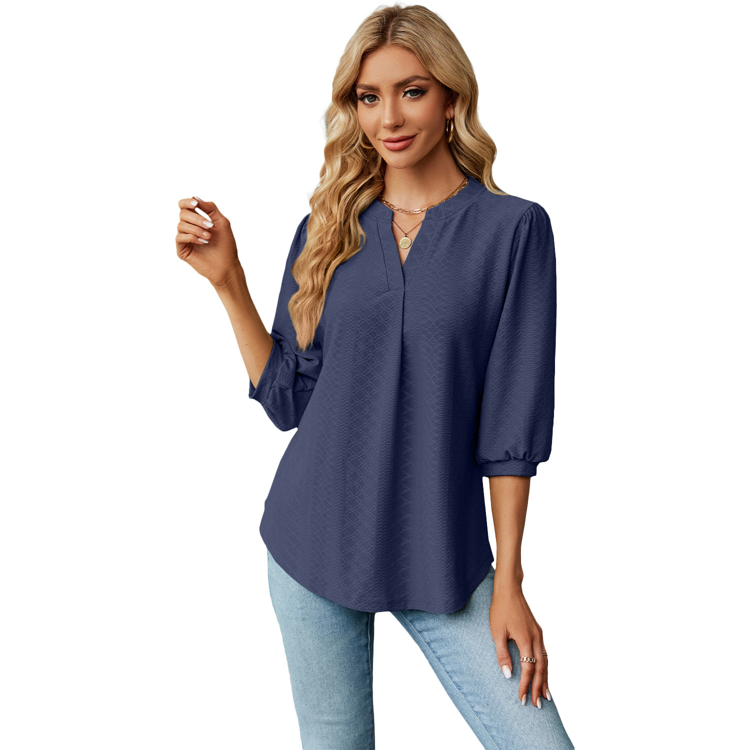 Solid Color Lace Collar Jacquard Long Sleeve Loose-fitting T-shirt Top - Image 7