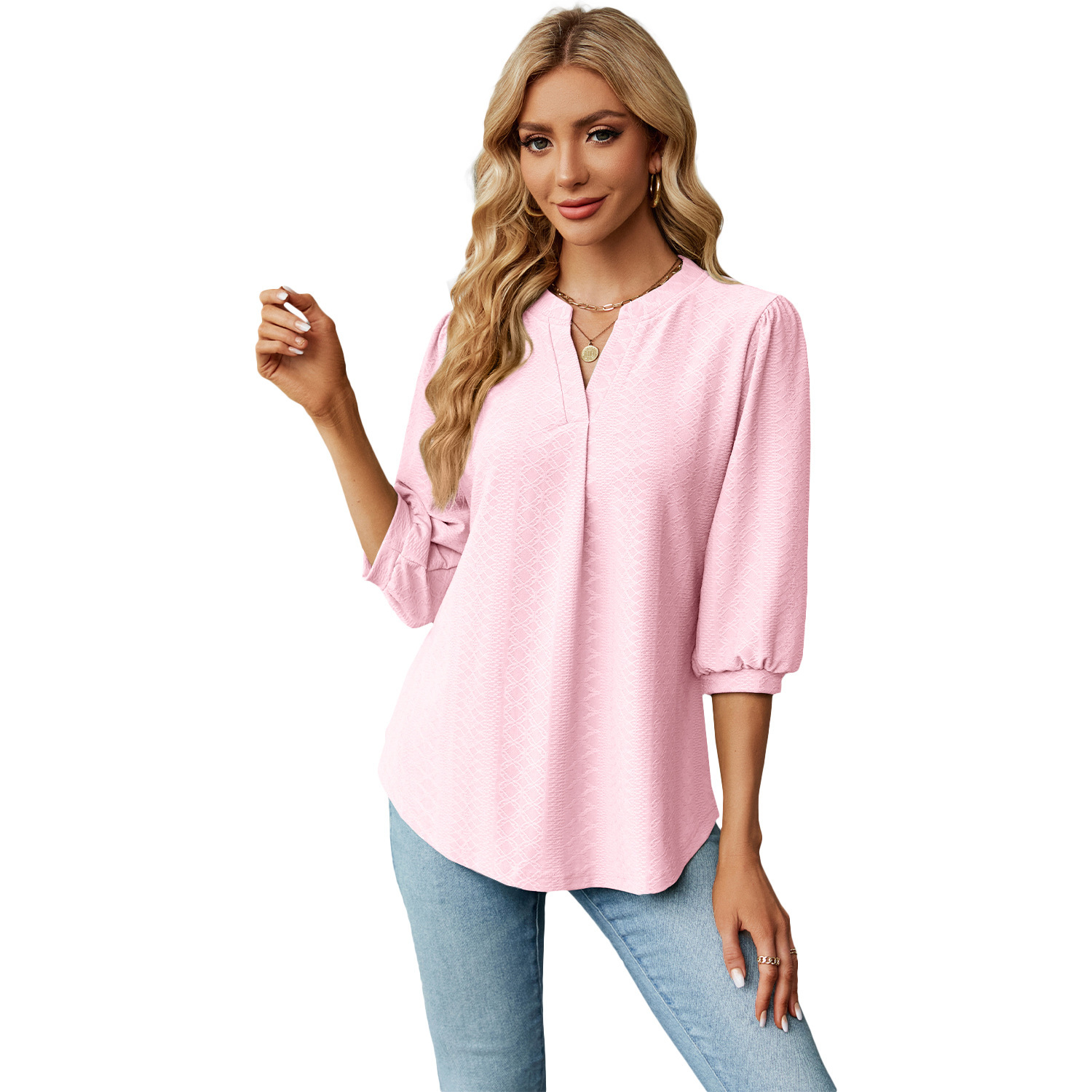 Solid Color Lace Collar Jacquard Long Sleeve Loose-fitting T-shirt Top - Image 8