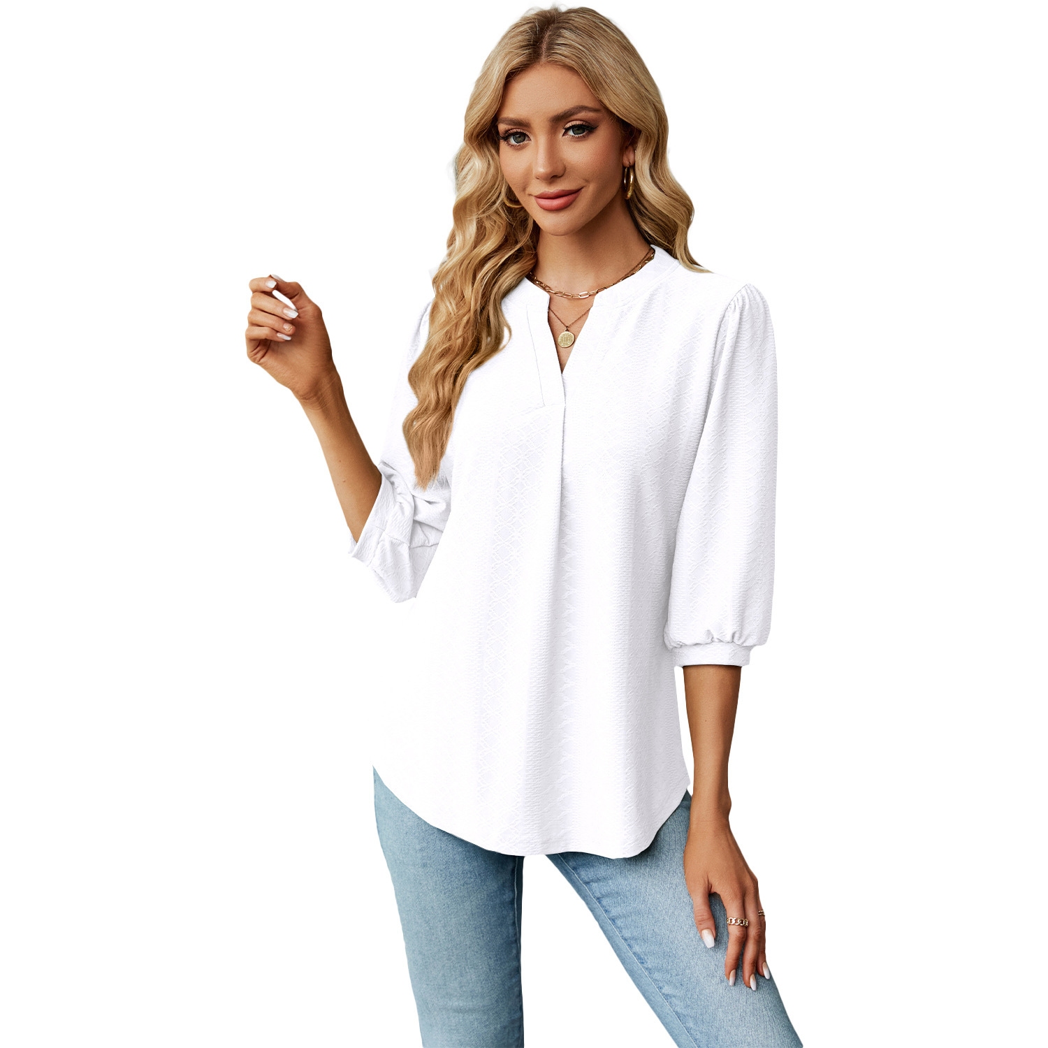 Solid Color Lace Collar Jacquard Long Sleeve Loose-fitting T-shirt Top - Image 3
