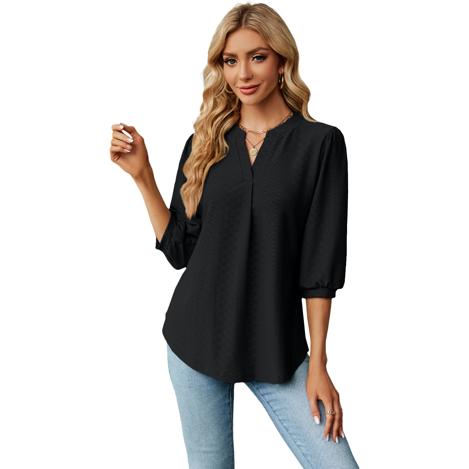 Solid Color Lace Collar Jacquard Long Sleeve Loose-fitting T-shirt Top - Image 2