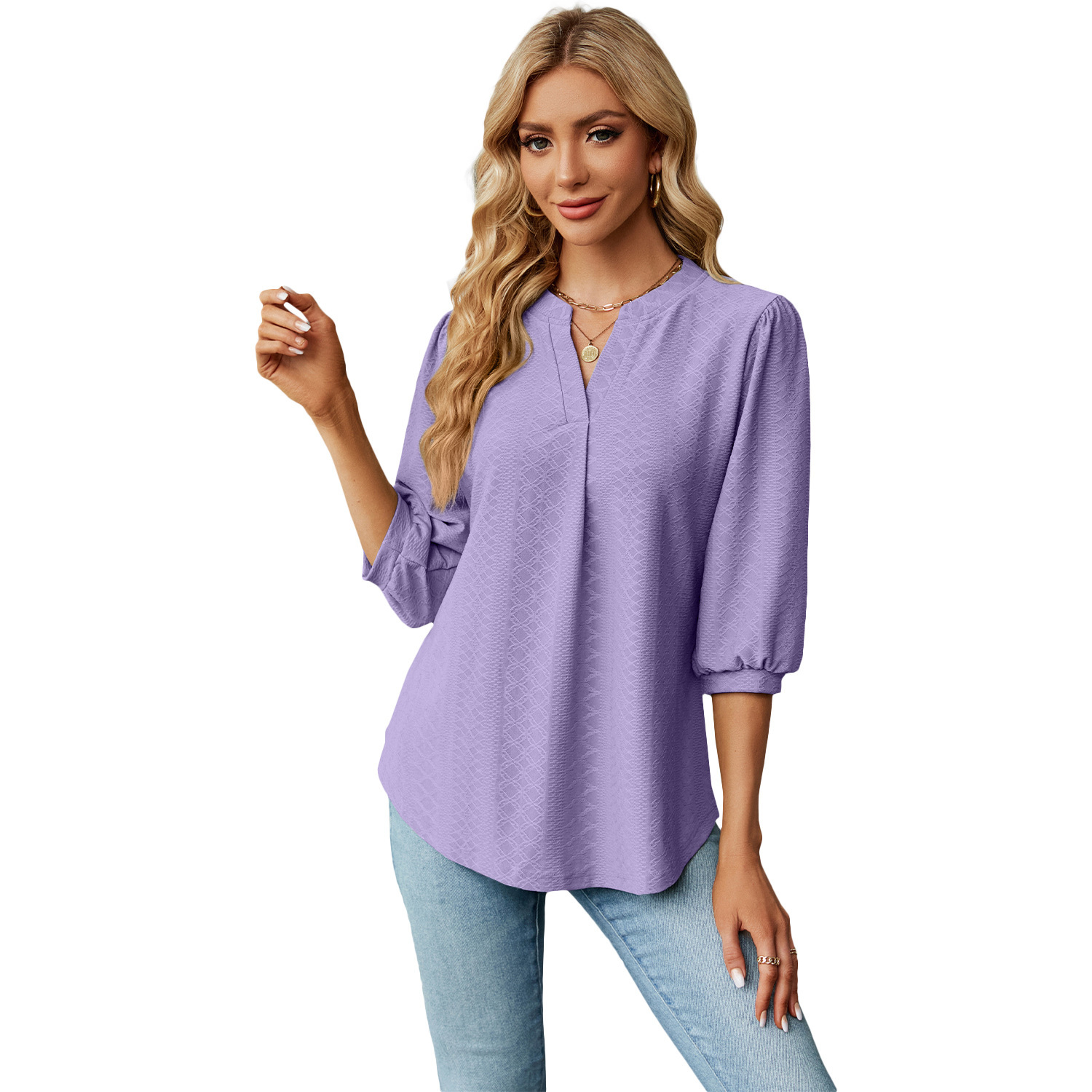 Solid Color Lace Collar Jacquard Long Sleeve Loose-fitting T-shirt Top - Image 9