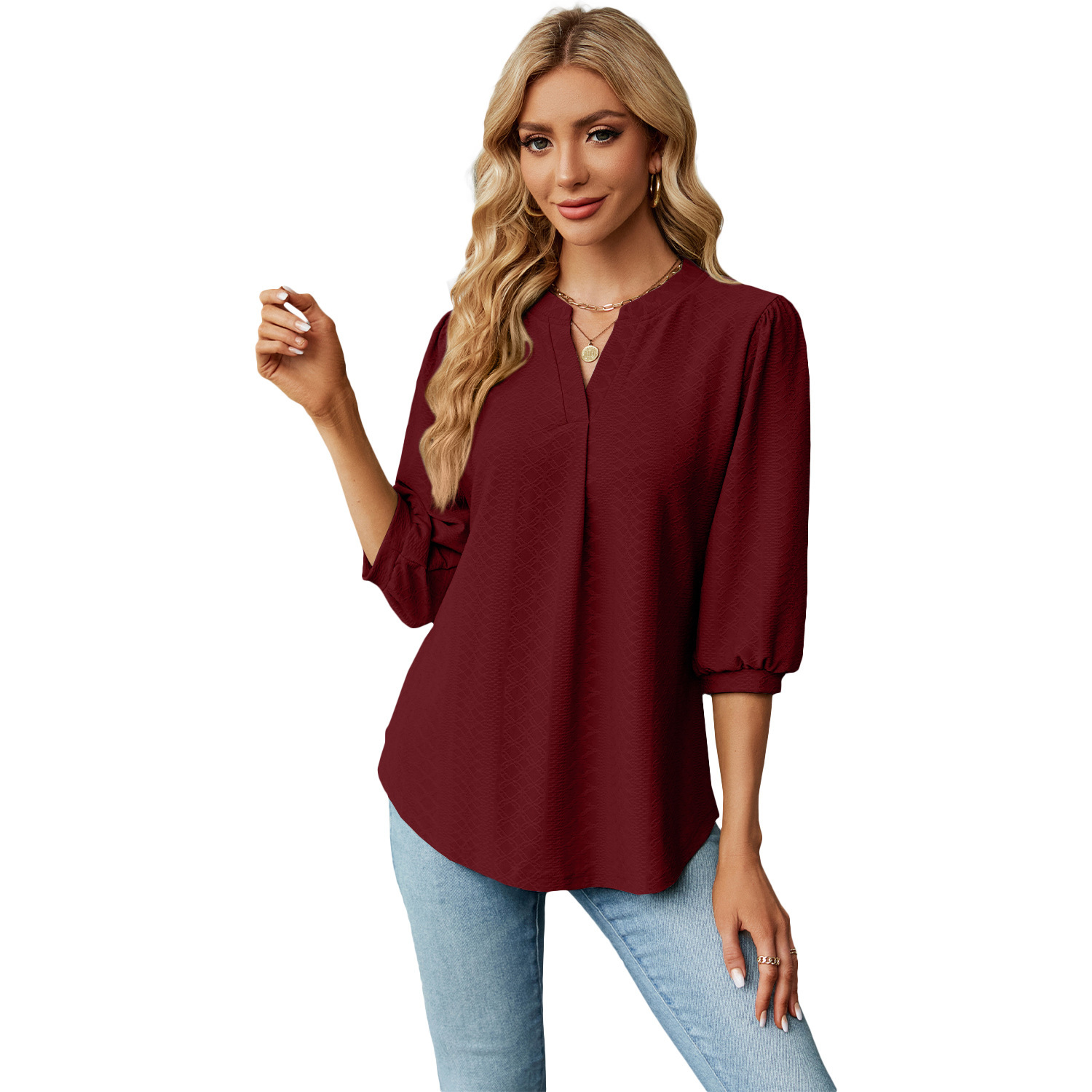 Solid Color Lace Collar Jacquard Long Sleeve Loose-fitting T-shirt Top - Image 6