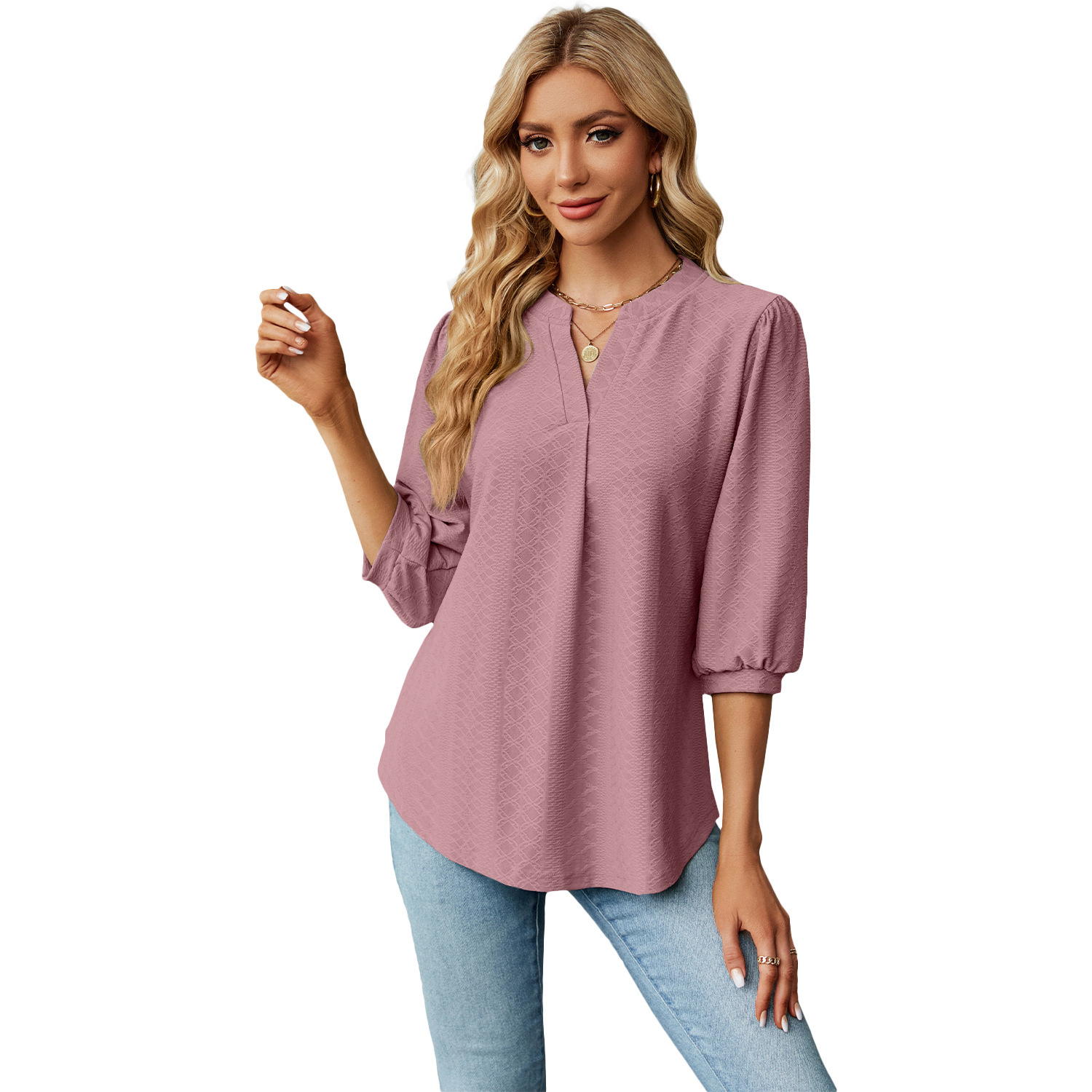 Solid Color Lace Collar Jacquard Long Sleeve Loose-fitting T-shirt Top - Image 5