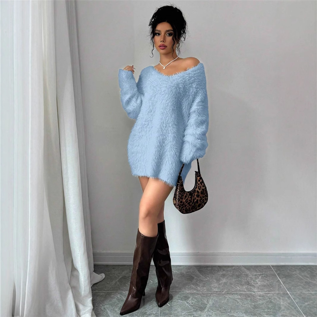 V-neck Solid Color Knitted Sweater - Image 2