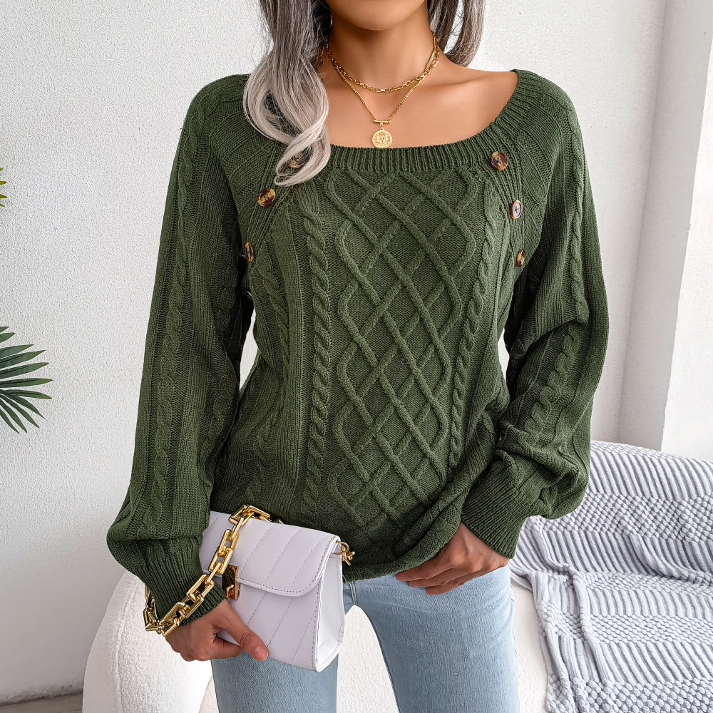 Square Neck Knitted Sweater With Button Design Winter Warm Long Sleeve Tops Women's Clothing - Image 2