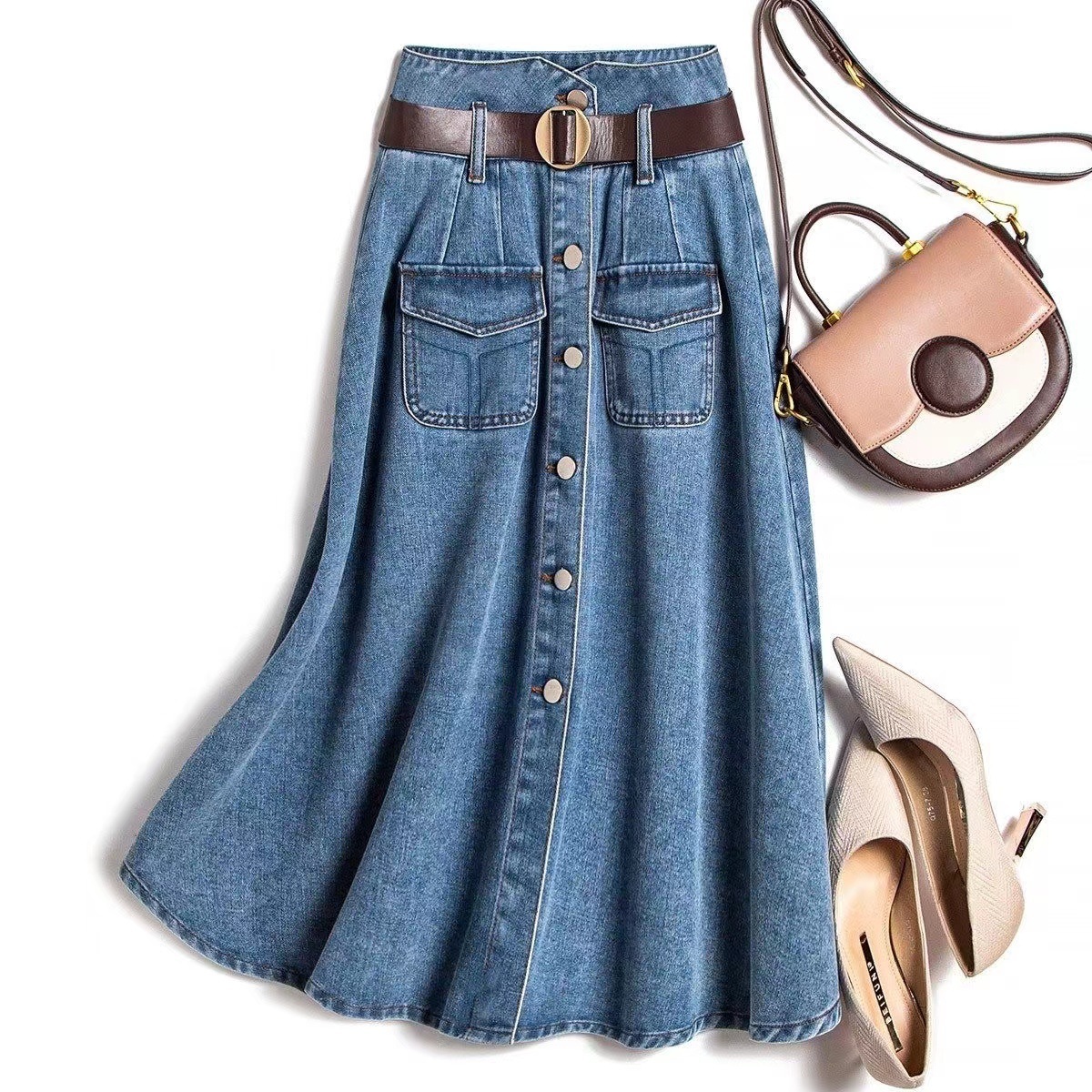 Pleated Skirt High Waist Slimming Sense Of Design Casual Denim Skirt - Image 4