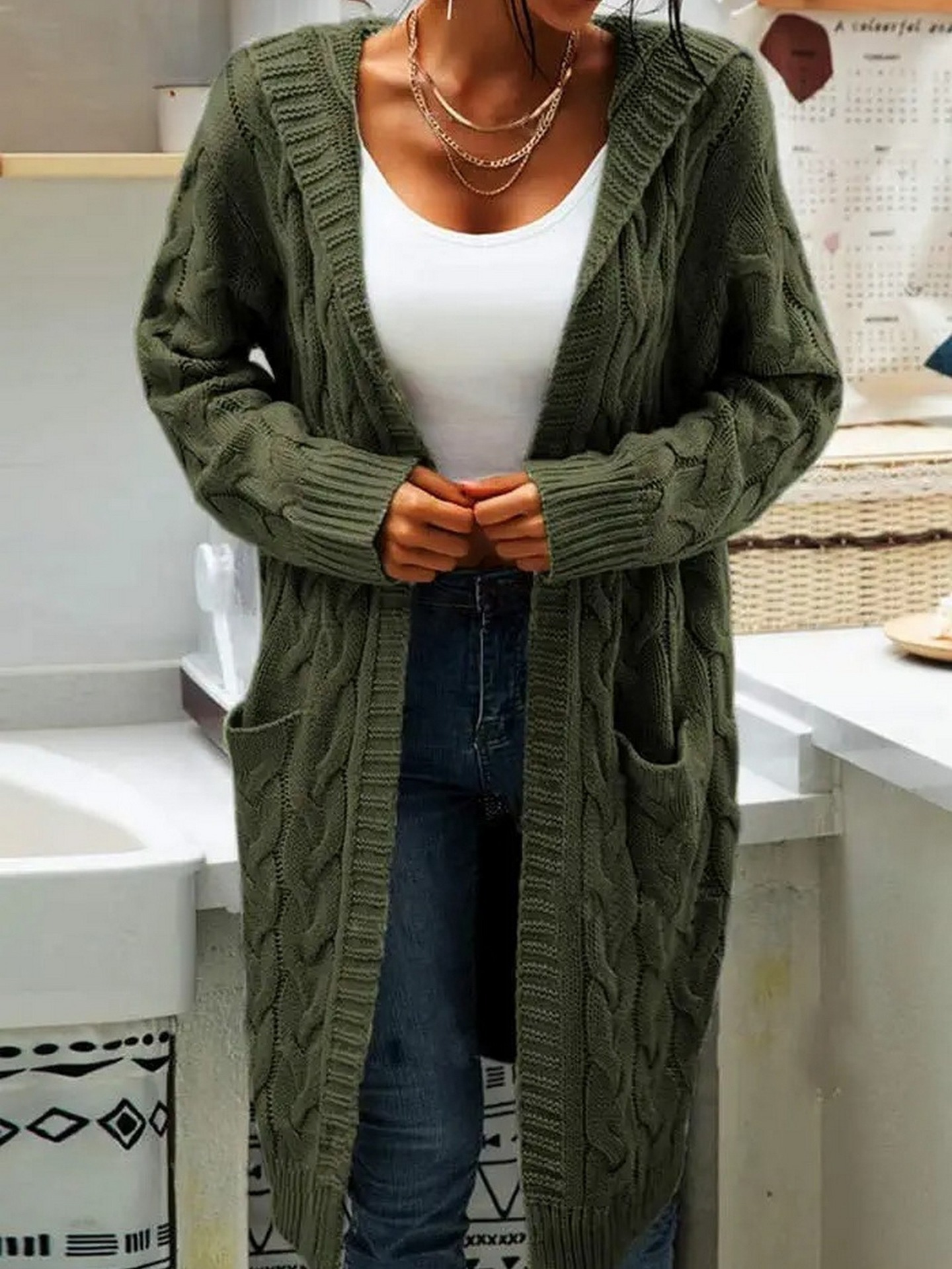 Women's Twisted Design Pocket Long Sleeve Sweater Solid Color Casual Coat - Image 4