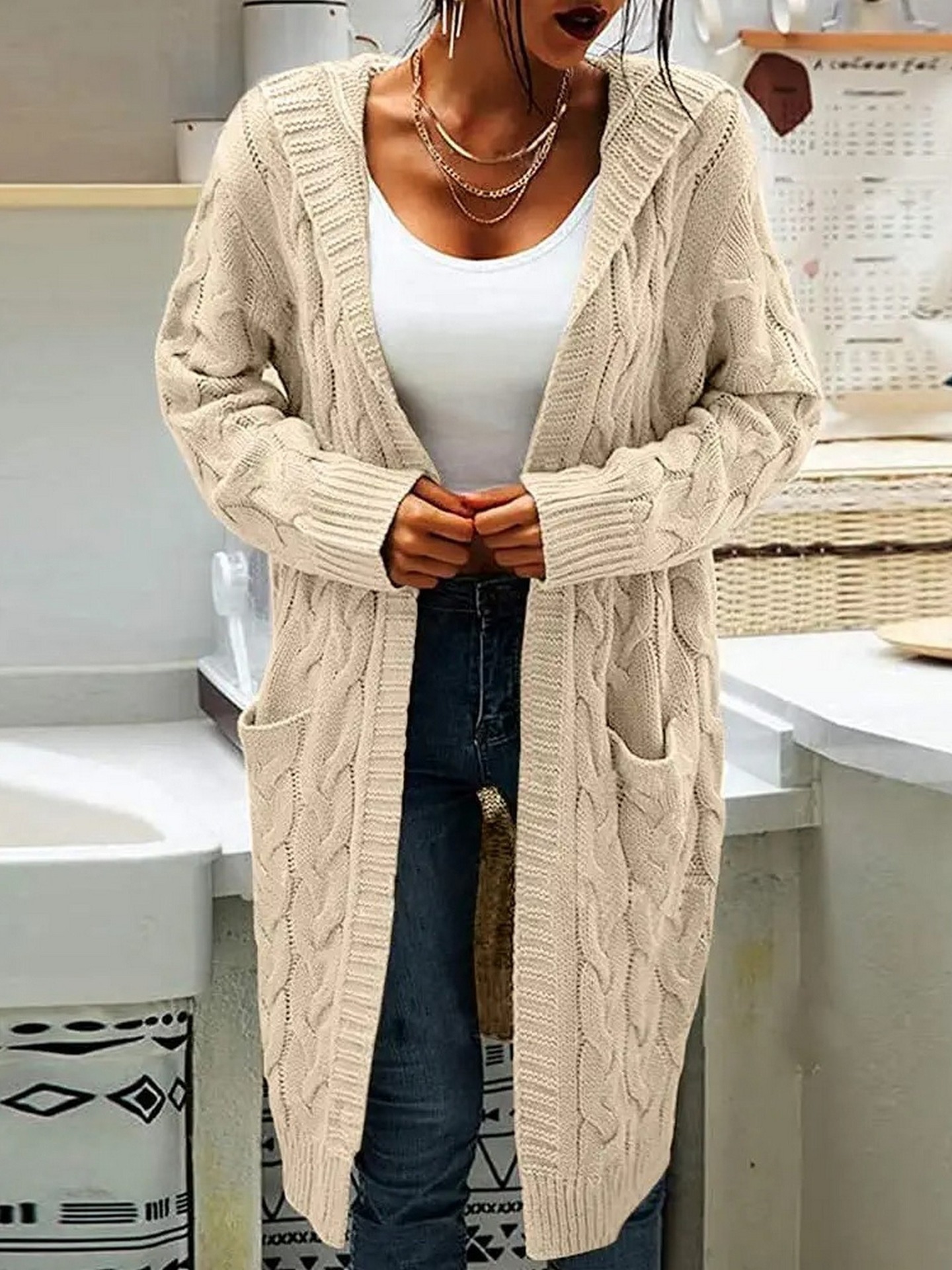 Women's Twisted Design Pocket Long Sleeve Sweater Solid Color Casual Coat - Image 2