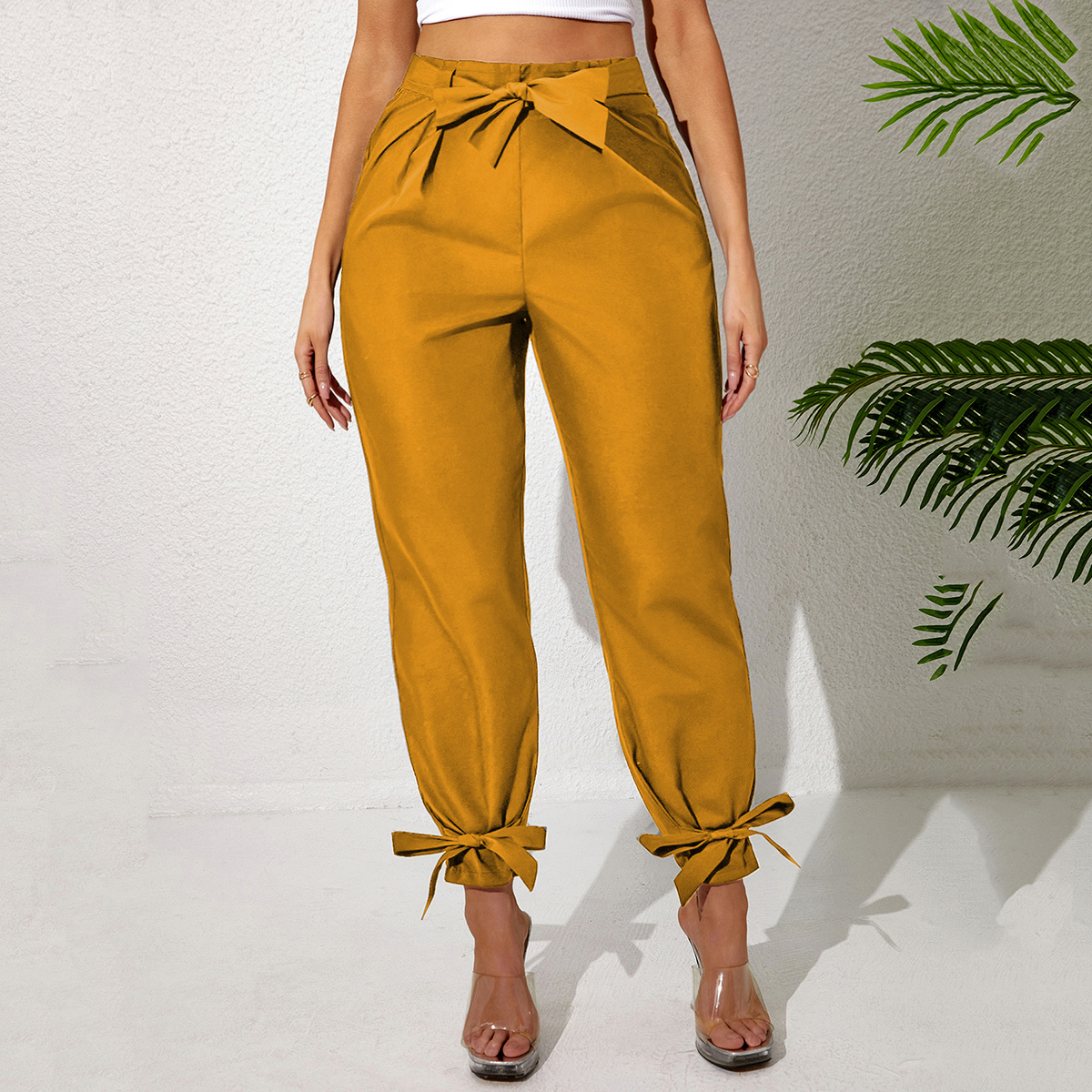 Solid Color Temperament Leg Tie Wooden Ear Trim Casual Women's Pants - Image 6