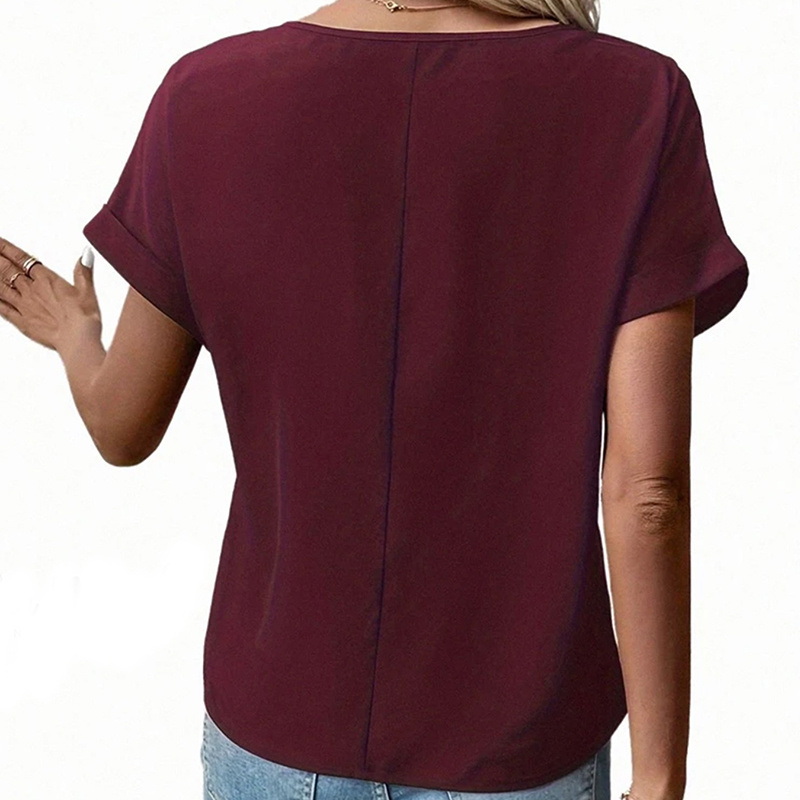 Women's V-Neck Zipper Top Solid Color Short Sleeve Blouse - Image 3