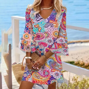 Women's V-Neck Floral Print Dress 3 4 Sleeve Summer Beach Vacation Dress With Pockets