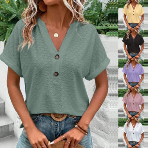 Women's Casual V-Neck Blouse Short Sleeve Loose Fit Button Front Solid Color Top
