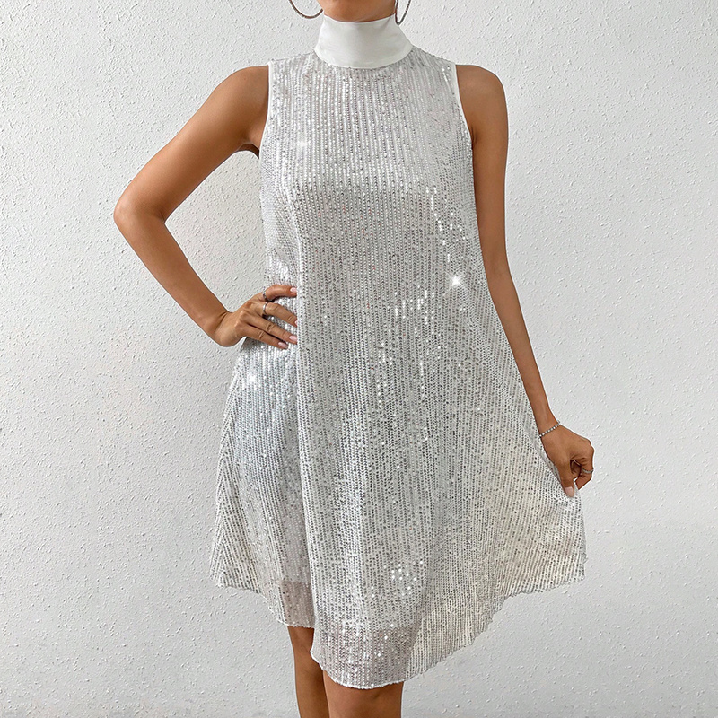 Women's Sparkly Sequin Sleeveless Mock Neck Dress Glittery Evening Party Dress - Image 6