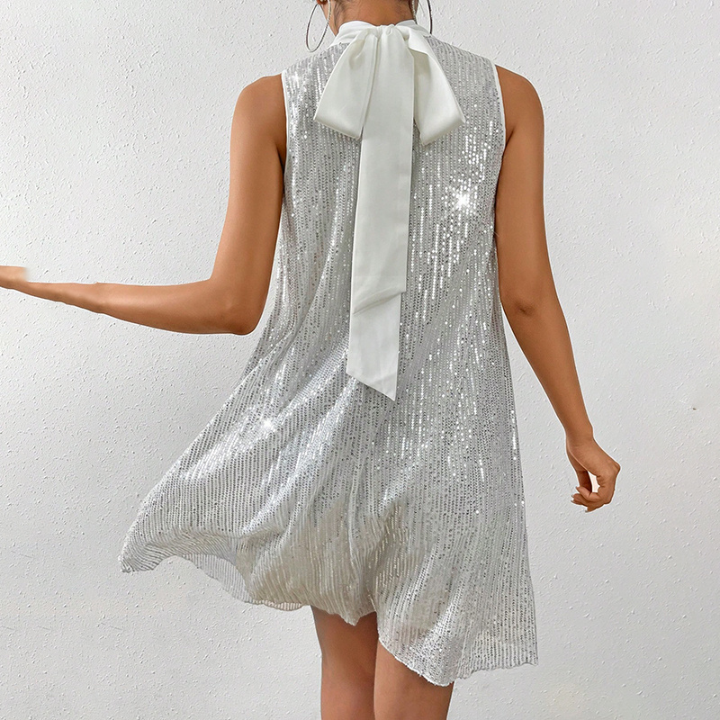 Women's Sparkly Sequin Sleeveless Mock Neck Dress Glittery Evening Party Dress - Image 3