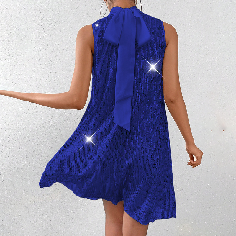 Women's Sparkly Sequin Sleeveless Mock Neck Dress Glittery Evening Party Dress - Image 9