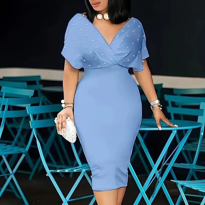 Women's Elegant Deep V Neck Wrap Bodycon Dress Back Zipper Pencil Midi Dress - Image 2
