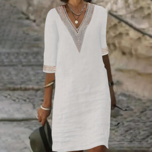 Women's Chic Guipure Lace V-Neck Tunic Dress Knee-Length, Hollow Detail,All-Season Dress