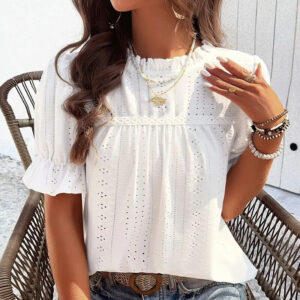 Women's Elegant Ruffle Detail Blouse Short Sleeve Round Neck Top