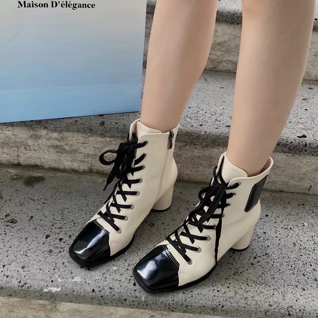 Women's New Square Toe Thick High-heeled British Style Martin Boots - Image 7