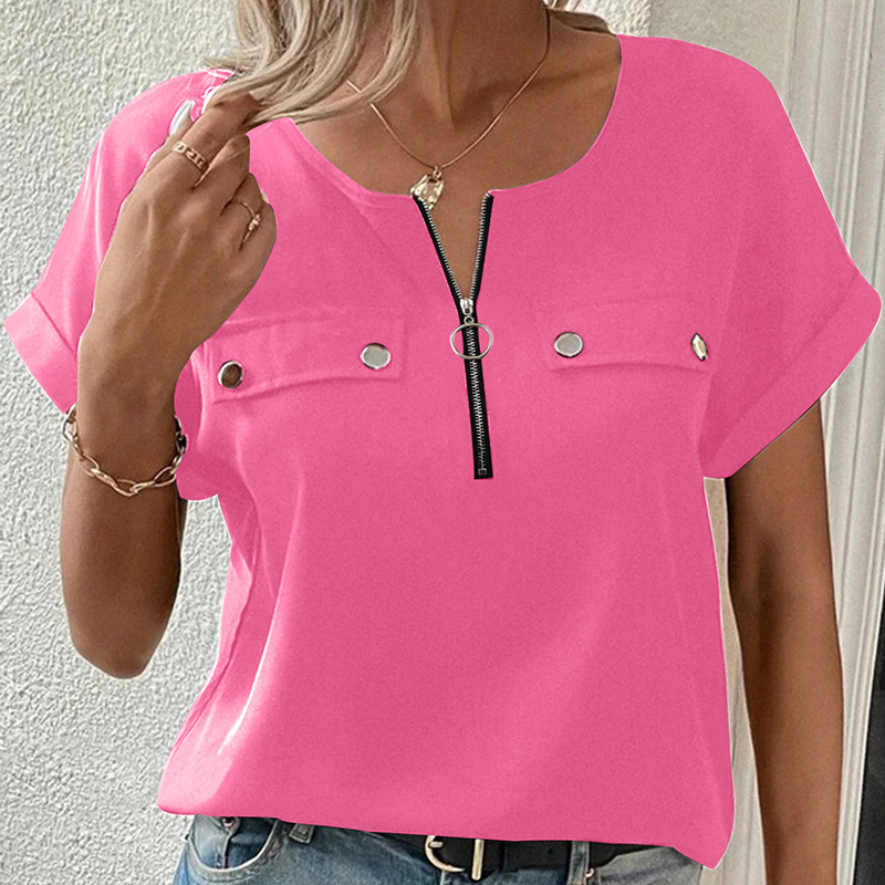 Women's V-Neck Zipper Top Solid Color Short Sleeve Blouse - Image 7