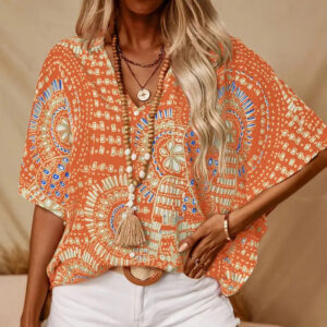 Women's V-Neck Mandala Print Blouse Short Batwing Sleeve Casual Vacation Top