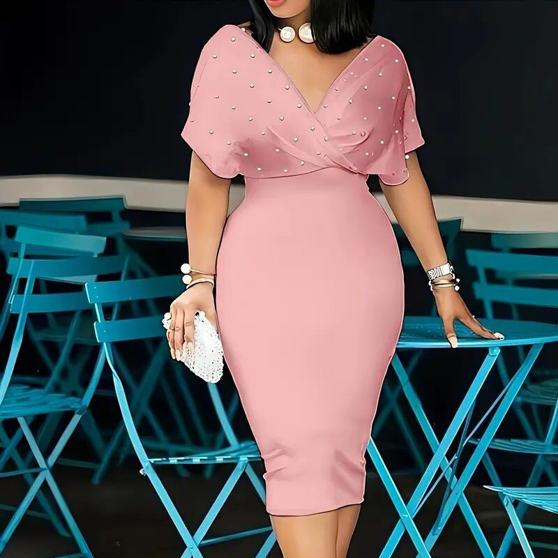 Women's Elegant Deep V Neck Wrap Bodycon Dress Back Zipper Pencil Midi Dress