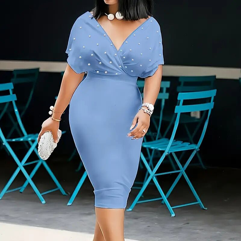 Women's Elegant Deep V Neck Wrap Bodycon Dress Back Zipper Pencil Midi Dress - Image 6