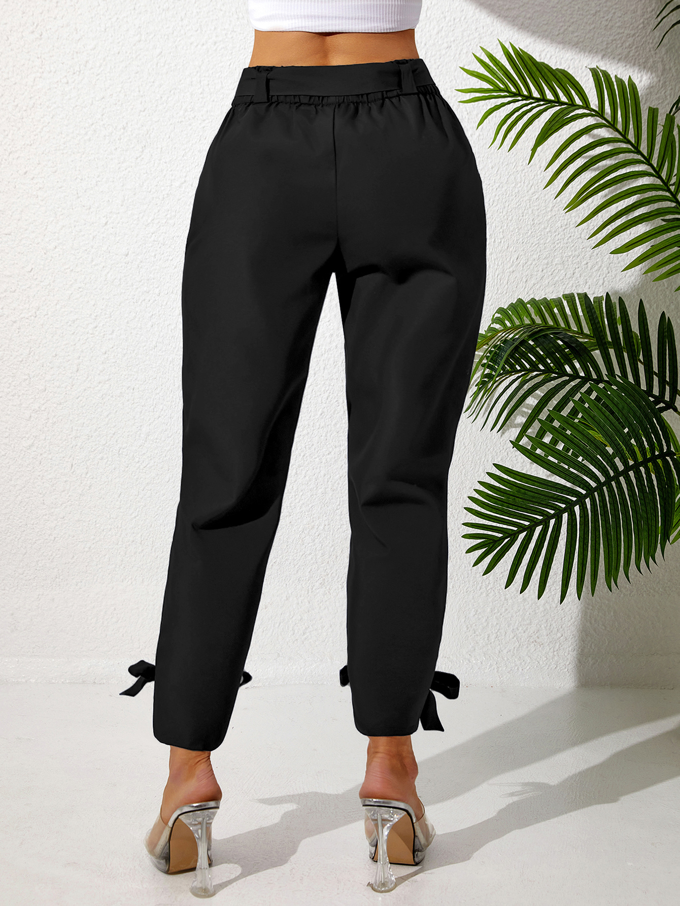 Solid Color Temperament Leg Tie Wooden Ear Trim Casual Women's Pants - Image 4