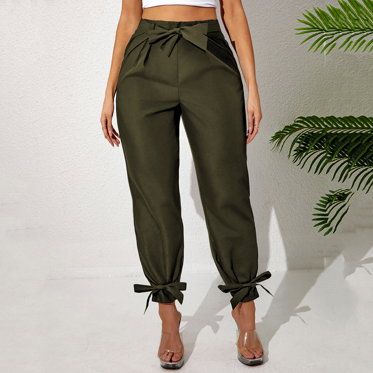 Solid Color Temperament Leg Tie Wooden Ear Trim Casual Women's Pants - Image 5