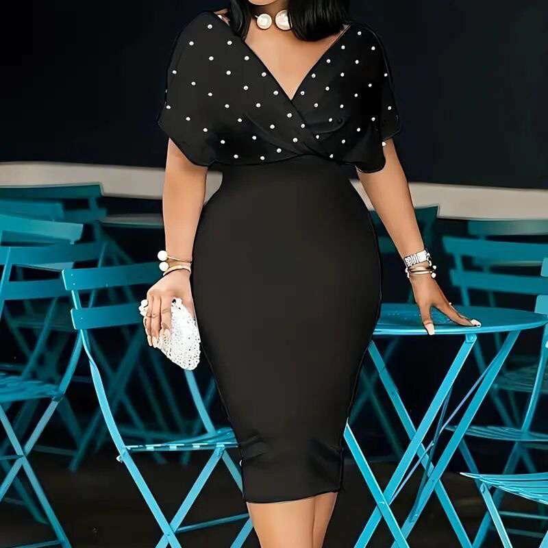 Women's Elegant Deep V Neck Wrap Bodycon Dress Back Zipper Pencil Midi Dress - Image 7