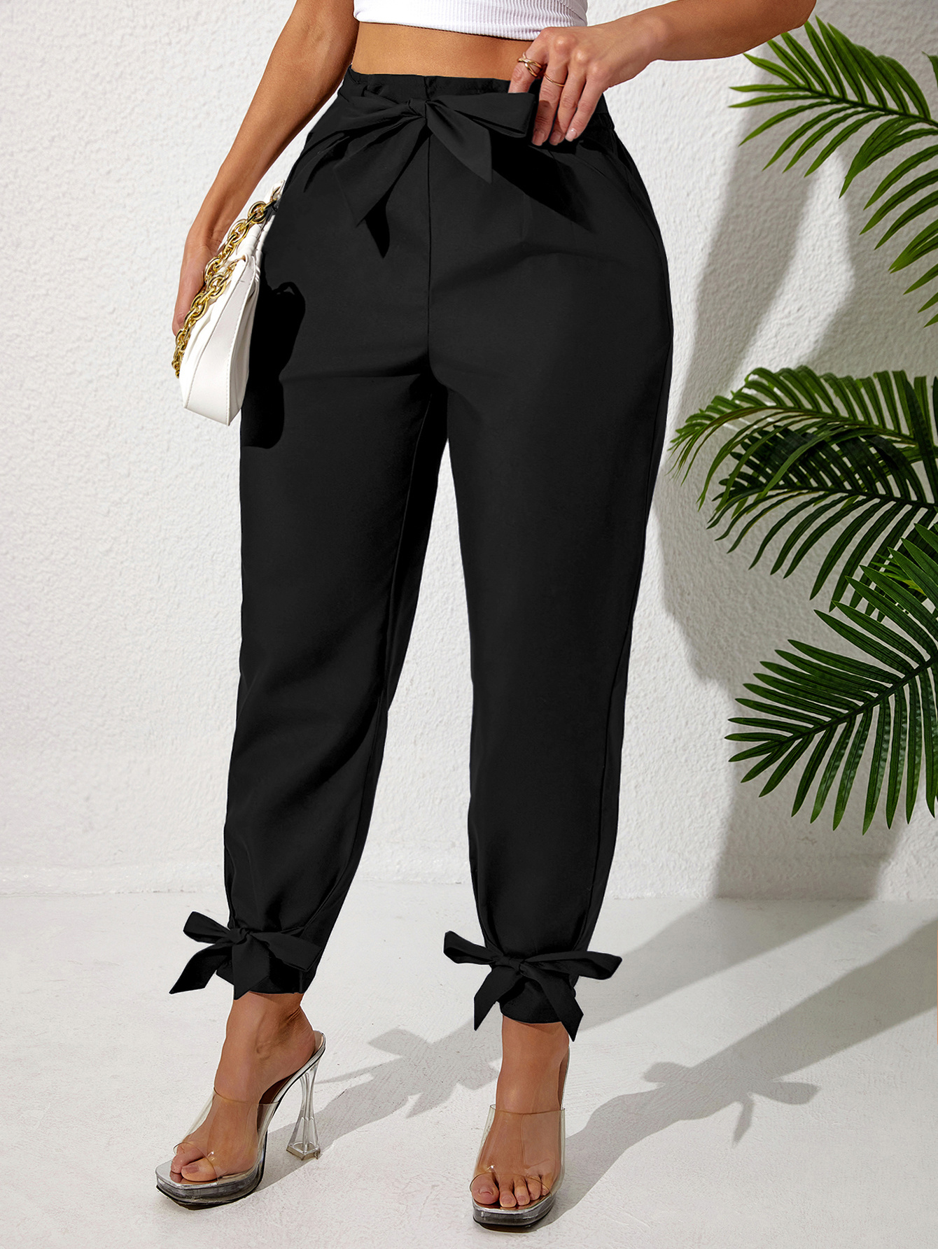 Solid Color Temperament Leg Tie Wooden Ear Trim Casual Women's Pants - Image 2