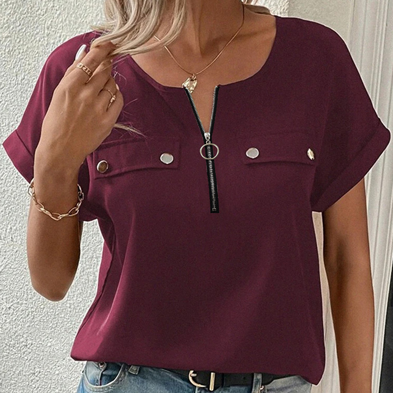 Women's V-Neck Zipper Top Solid Color Short Sleeve Blouse - Image 2