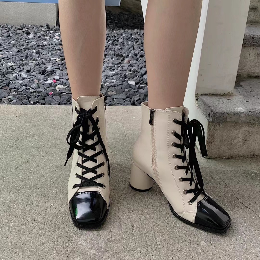Women's New Square Toe Thick High-heeled British Style Martin Boots - Image 3