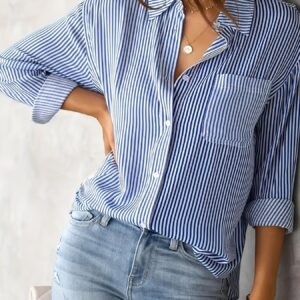 Ladies' Shirt, Classic Striped Print Casual Collar Long Sleeve With Pockets Shirt