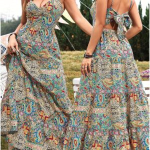 Women's Summer V-Neck Paisley Print Vacation Dress - Sexy Open Back Bowknot Flowy Maxi Party Dress