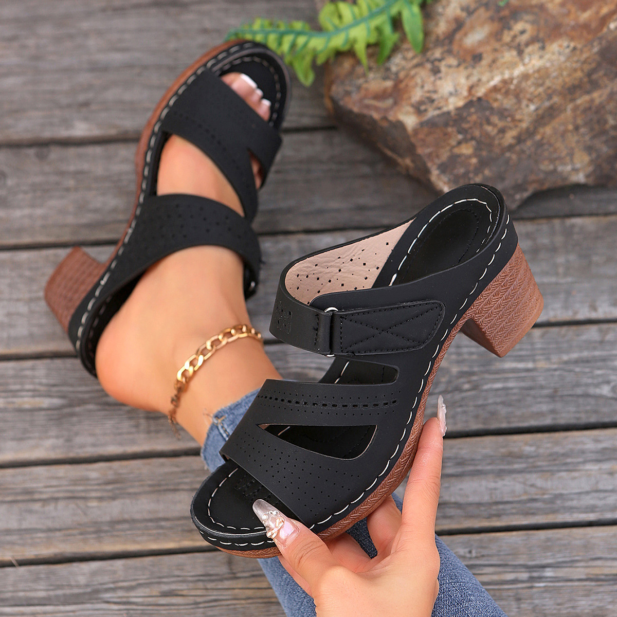Square-heeled Peep-toe Slides Shoes Summer Casual Chunky Heel Sandals Solid Color Slippers - Image 7