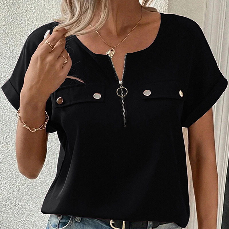 Women's V-Neck Zipper Top Solid Color Short Sleeve Blouse - Image 5