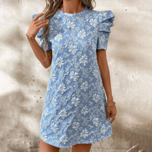 Women's Puff Sleeve A-Line Mini Dress Crew Neck Floral Casual Summer Dress