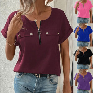 Women's V-Neck Zipper Top Solid Color Short Sleeve Blouse