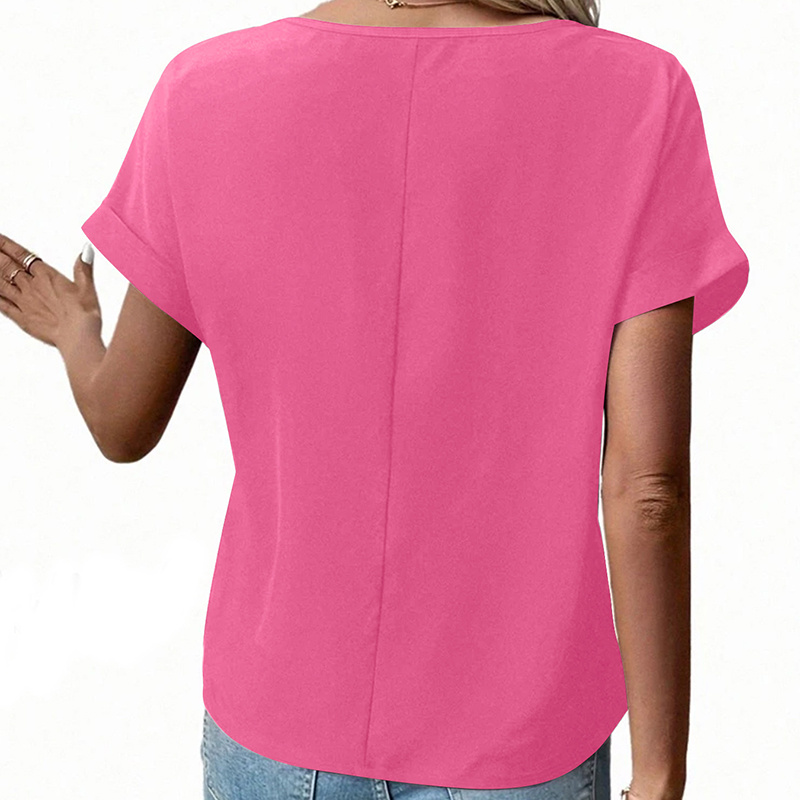 Women's V-Neck Zipper Top Solid Color Short Sleeve Blouse - Image 10