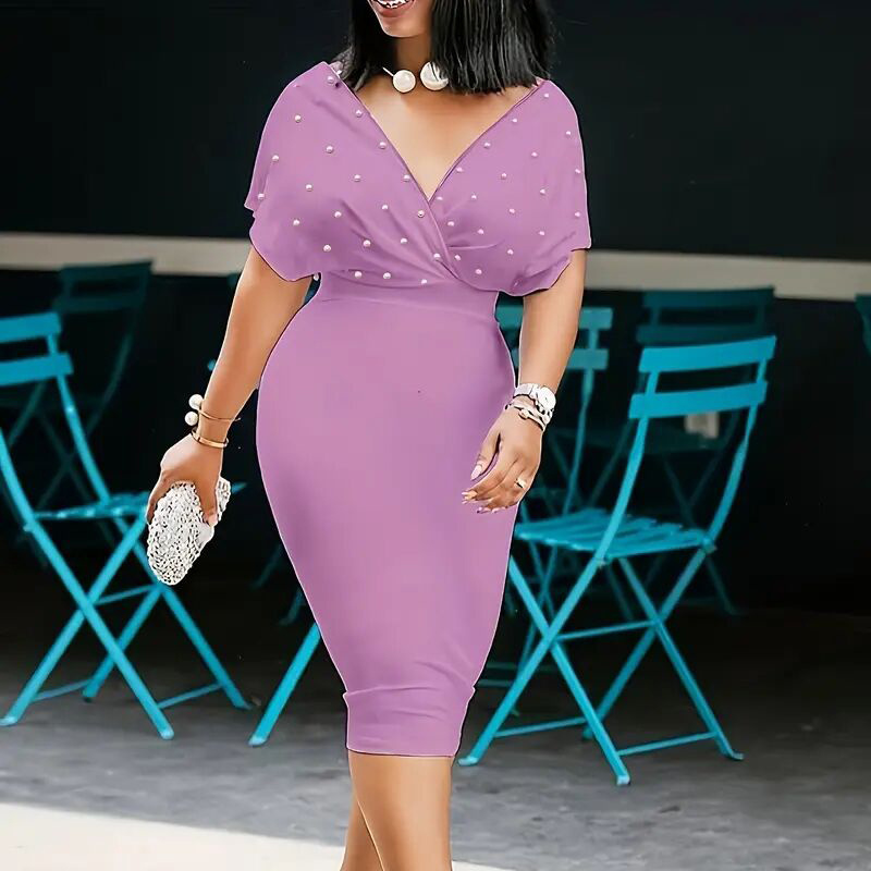 Women's Elegant Deep V Neck Wrap Bodycon Dress Back Zipper Pencil Midi Dress - Image 5