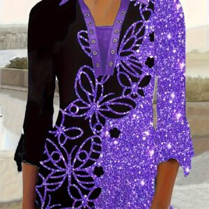 Spring And Autumn New Printed Lapel Three-quarter Sleeve T-shirt Irregular Cuff Button Top