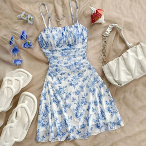 Women's Boho Floral Print Mini Dress Spaghetti Strap Ruched Ruffle Hem Vacation Sundresses