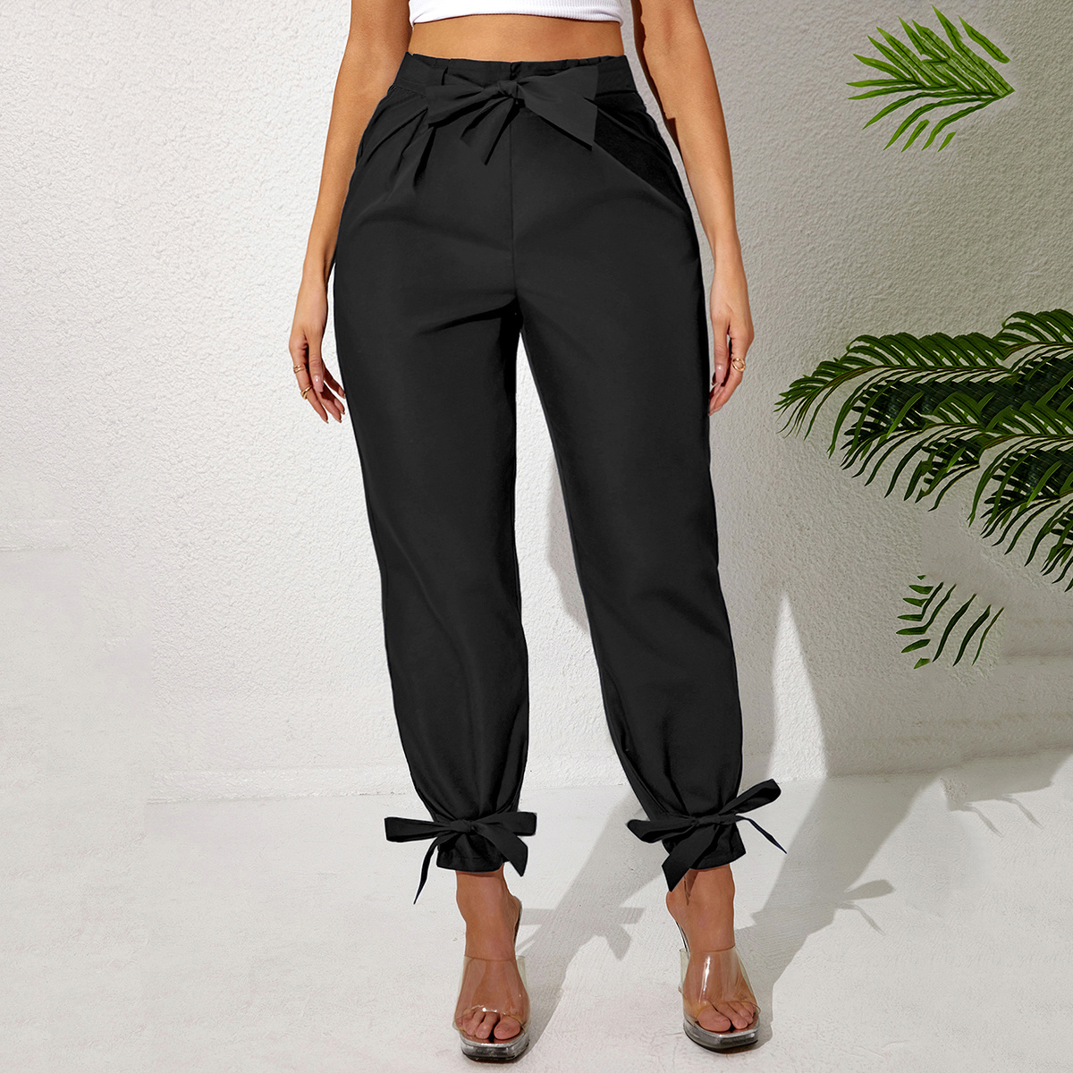 Solid Color Temperament Leg Tie Wooden Ear Trim Casual Women's Pants