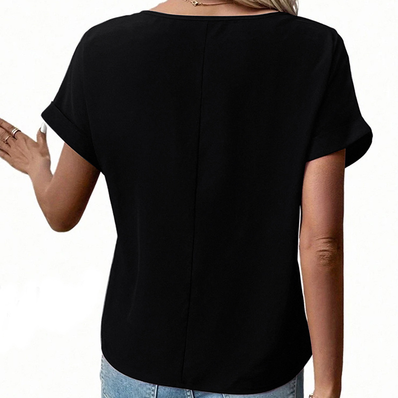 Women's V-Neck Zipper Top Solid Color Short Sleeve Blouse - Image 6