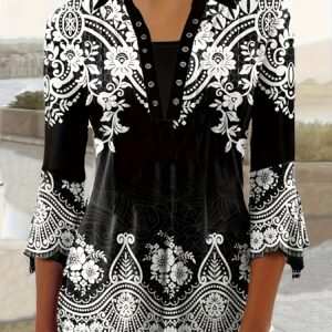 Spring Autumn New Printed Lapel Three-quarter Sleeve T-shirt Irregular Cuff Button Top