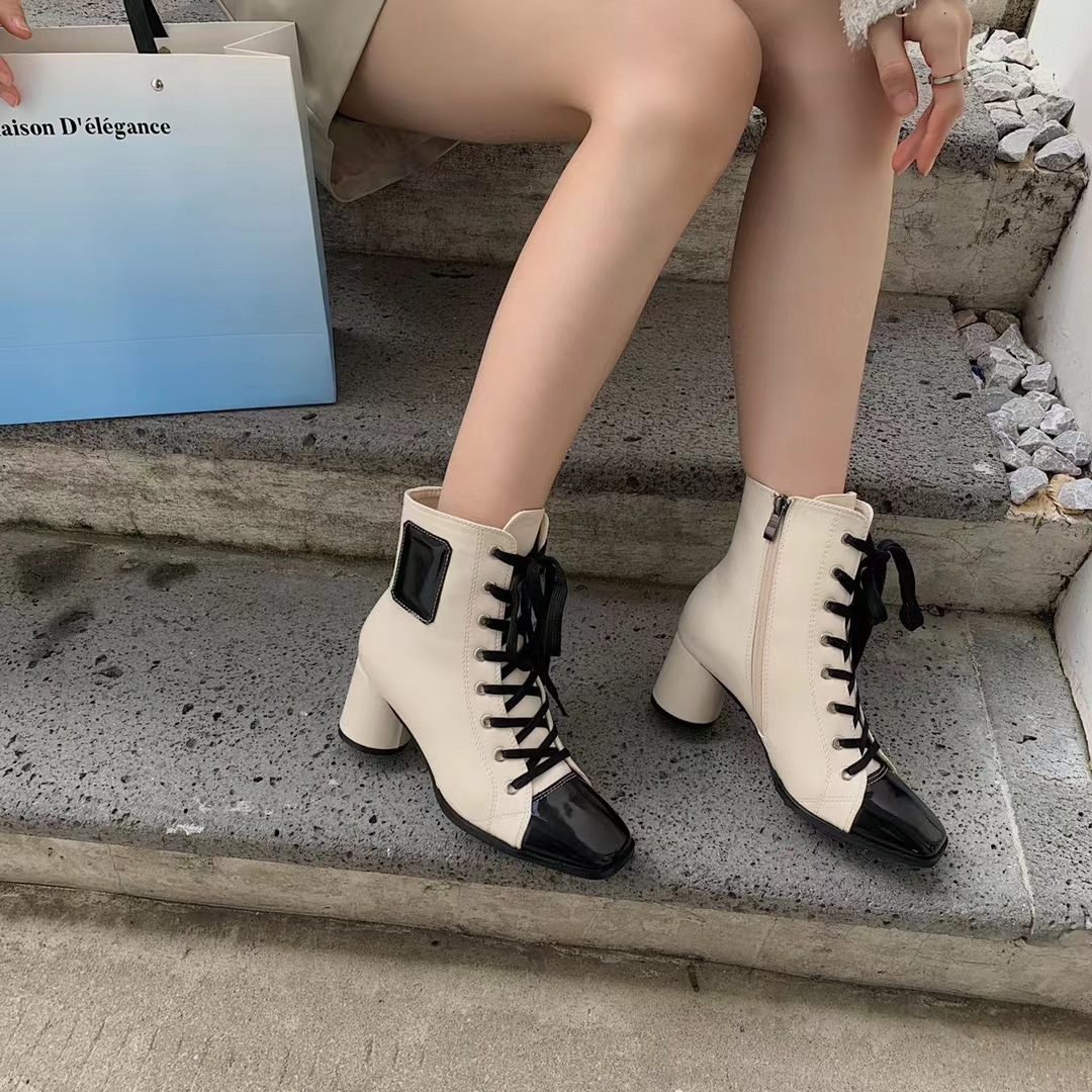 Women's New Square Toe Thick High-heeled British Style Martin Boots - Image 5