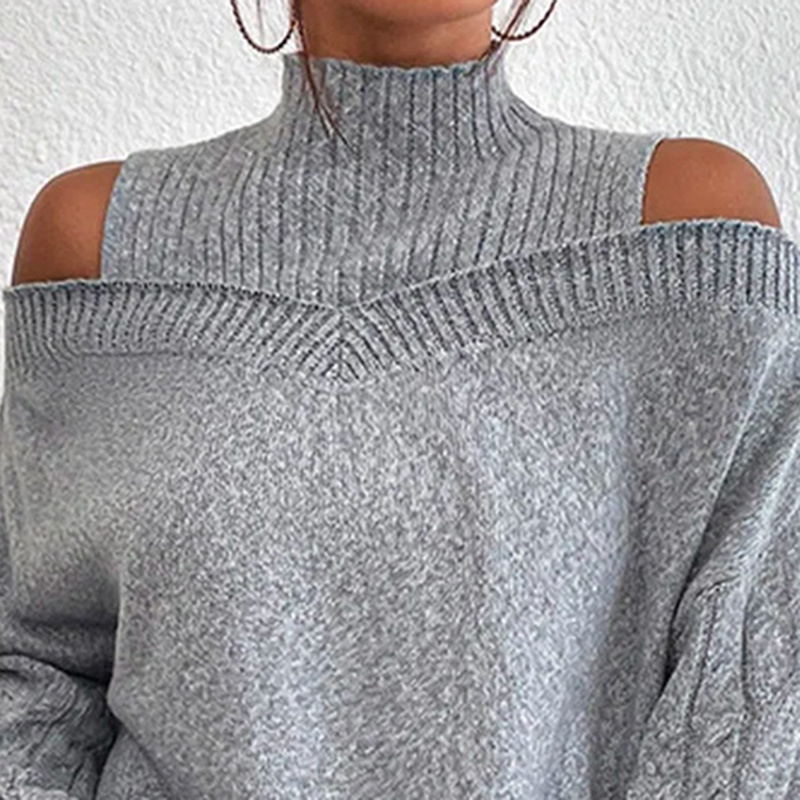 Women's Cold Shoulder Sweater - Sexy High Neck Cut Out Pullover Long Sleeve Top - Image 9