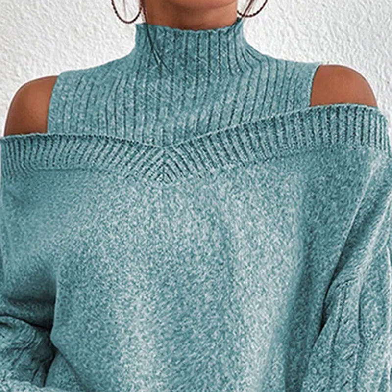 Women's Cold Shoulder Sweater - Sexy High Neck Cut Out Pullover Long Sleeve Top - Image 4
