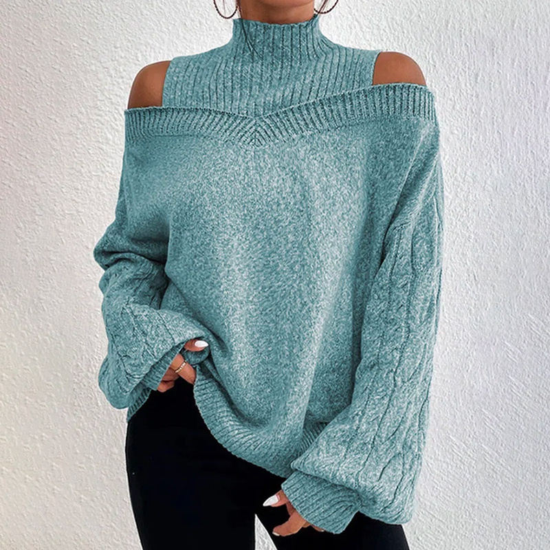 Women's Cold Shoulder Sweater - Sexy High Neck Cut Out Pullover Long Sleeve Top - Image 7